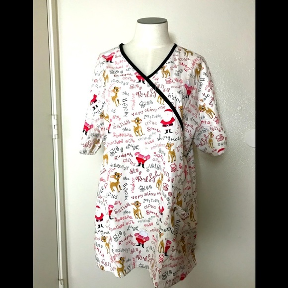 The Rudolph Co Tops - The Rudolph Co. Christmas Scrub Top with Santa and Rudolph